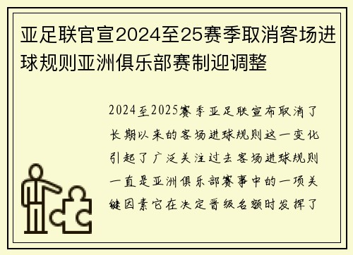 亚足联官宣2024至25赛季取消客场进球规则亚洲俱乐部赛制迎调整