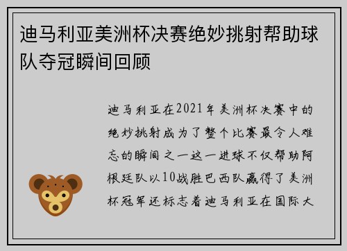 迪马利亚美洲杯决赛绝妙挑射帮助球队夺冠瞬间回顾